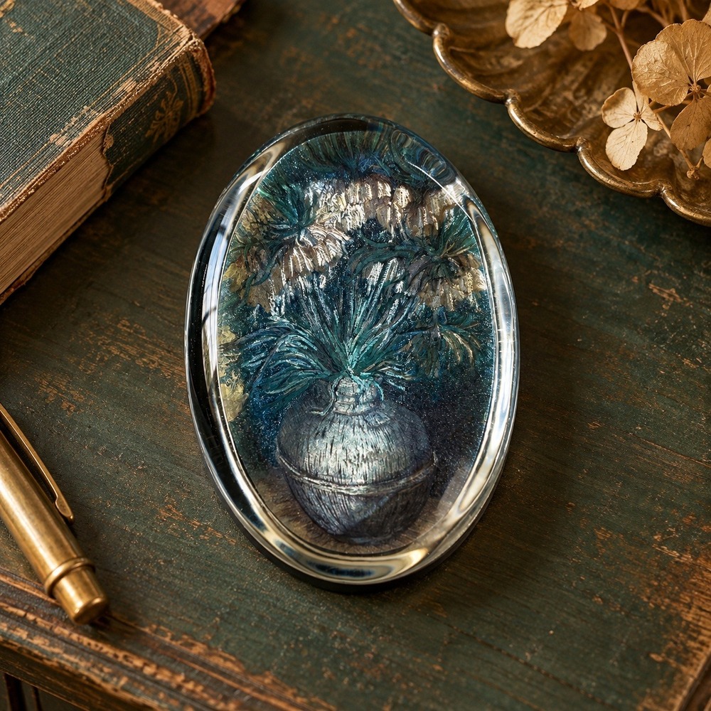 Vintage Oval Resin Paperweight, Blue Botanical Desk Decor